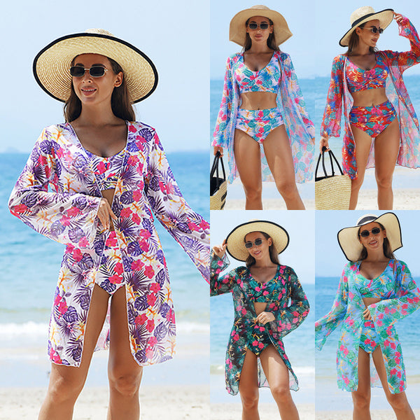 Multicolor Printed Swimsuit BIKINI Mesh Three-piece Set