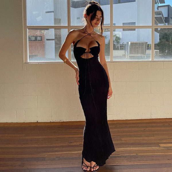 New Solid Color Lace-up Halterneck Hollow Dress