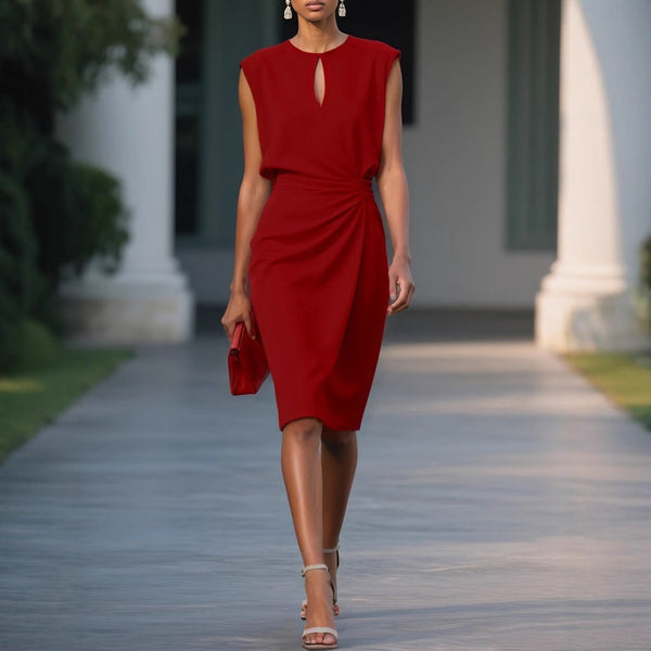 Women's Retro Elegant Cross Pure Color And Knotted Round Neck Hollow Dress