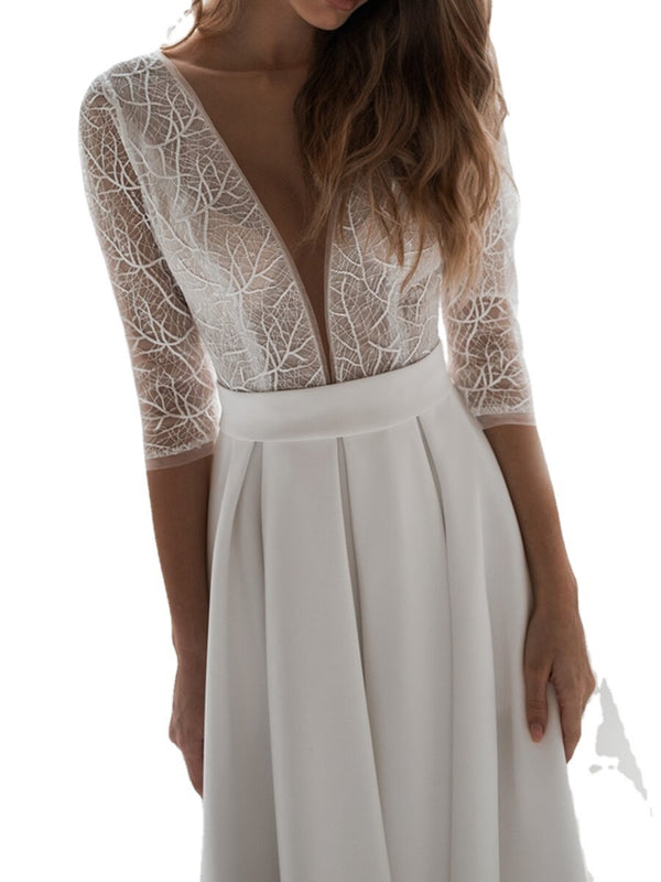 Latest Satin Long Sleeve Embroidered V-neck  Back Lace Bridal Wedding Dress