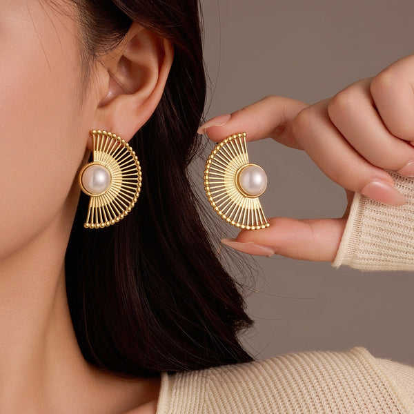 Retro Minority Titanium Steel Fan-shaped Striped Pearl Stainless Steel Studs Women's Fashion Ornament