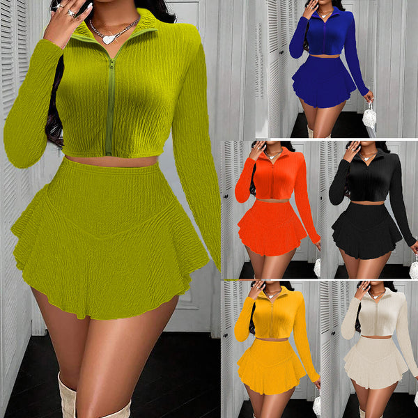 Zipper Short Top Ruffled Pantskirt Skirt Suit